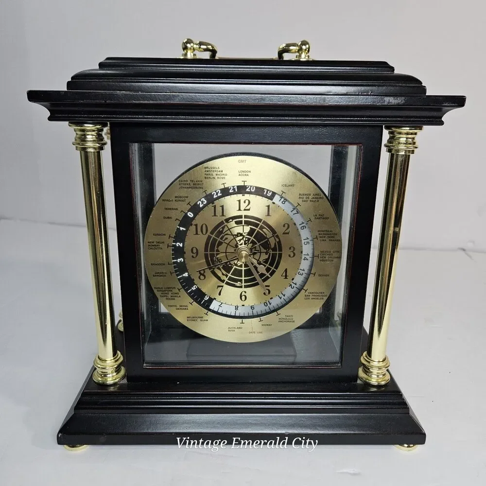 Bombay Analog Desk Clock Black Gold Arabic Numerals Wood Glass Battery Operated